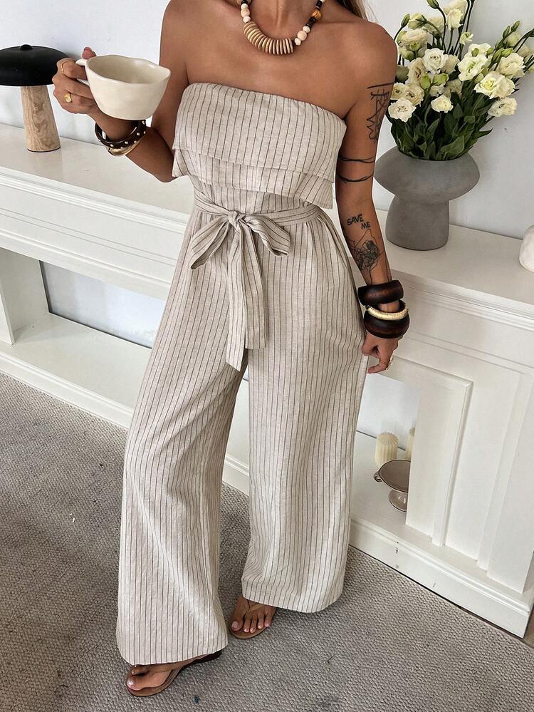 Casual Vacation Style Off-Shoulder Striped Jumpsuit For Women, Spring/Summer Jumpsuits For Women Lounge Sets For Women