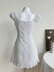 Elamini Women's Summer Casual Navy Blue Striped Fitted Low-Cut Ruffle Hem Mini Bodycon Dress - White - View 2
