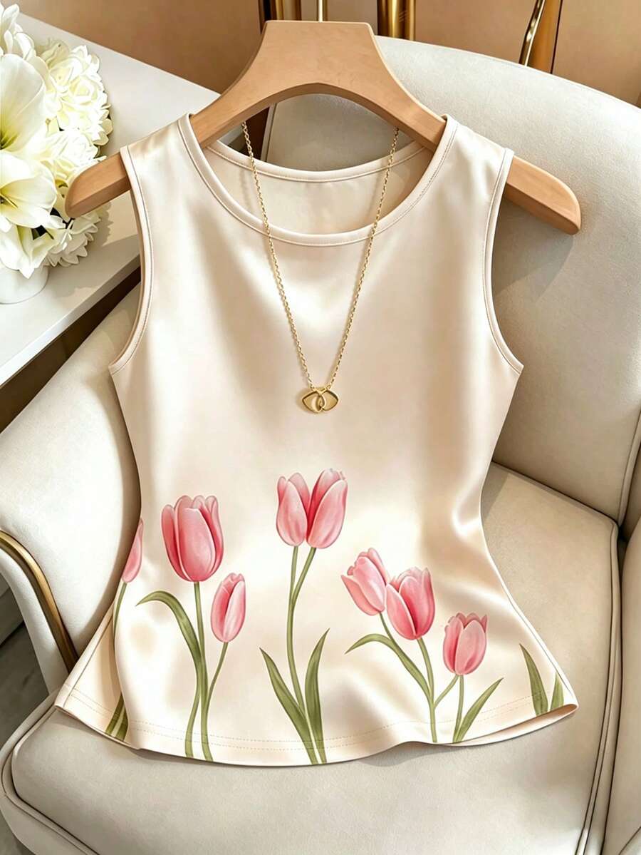 SHEIN Franclia Áo tank top không tay cổ tròn in hoa thanh lịch dành cho nữ, thích hợp cho mùa hè. - Màu be - Xem 1