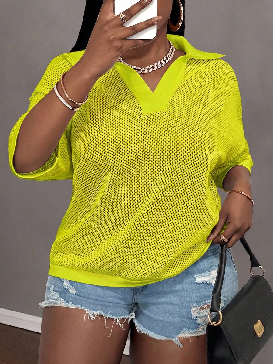 Slaydiva Loose Fit Solid Color V-Neck Drop Shoulder Hollow Out Knit Casual Blouse For Plus Size Women, Spring/Summer - Mint Green - View 1