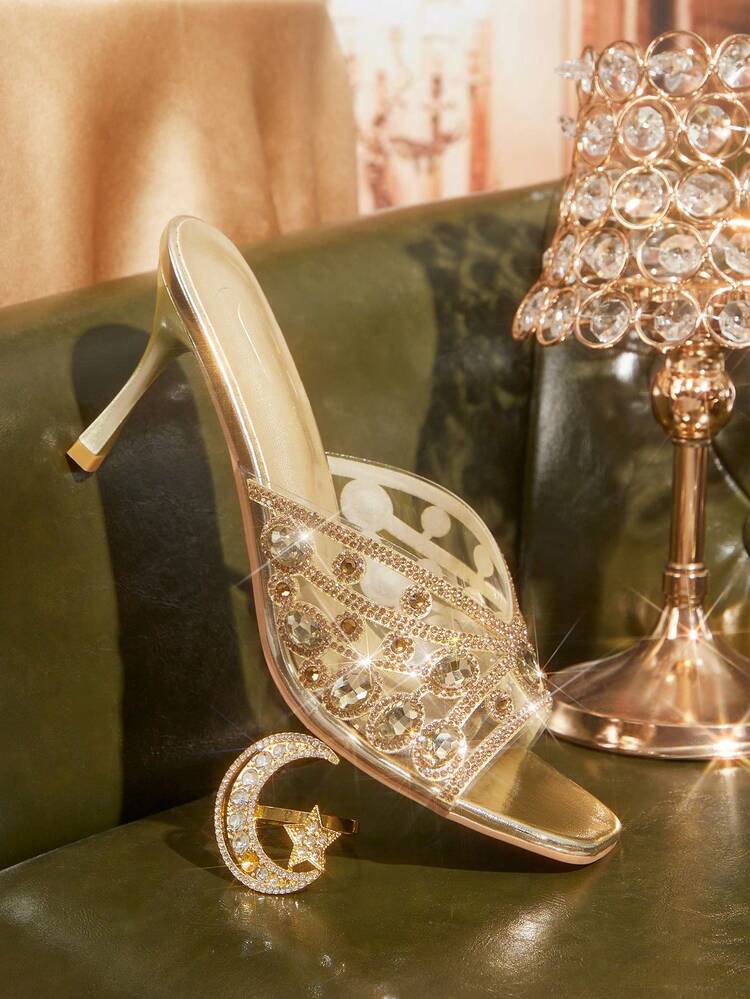 CUCCOO TILAWA Ladies Fashion Square Toe Transparent TPU Rhinestones Sexy Evening Party Party Style Simple Backspace Stiletto High Heel Sandals