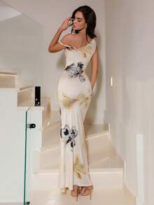 Glamine 女士印花不对称肩部修身优雅连衣裙 - 彩色 - 查看 2