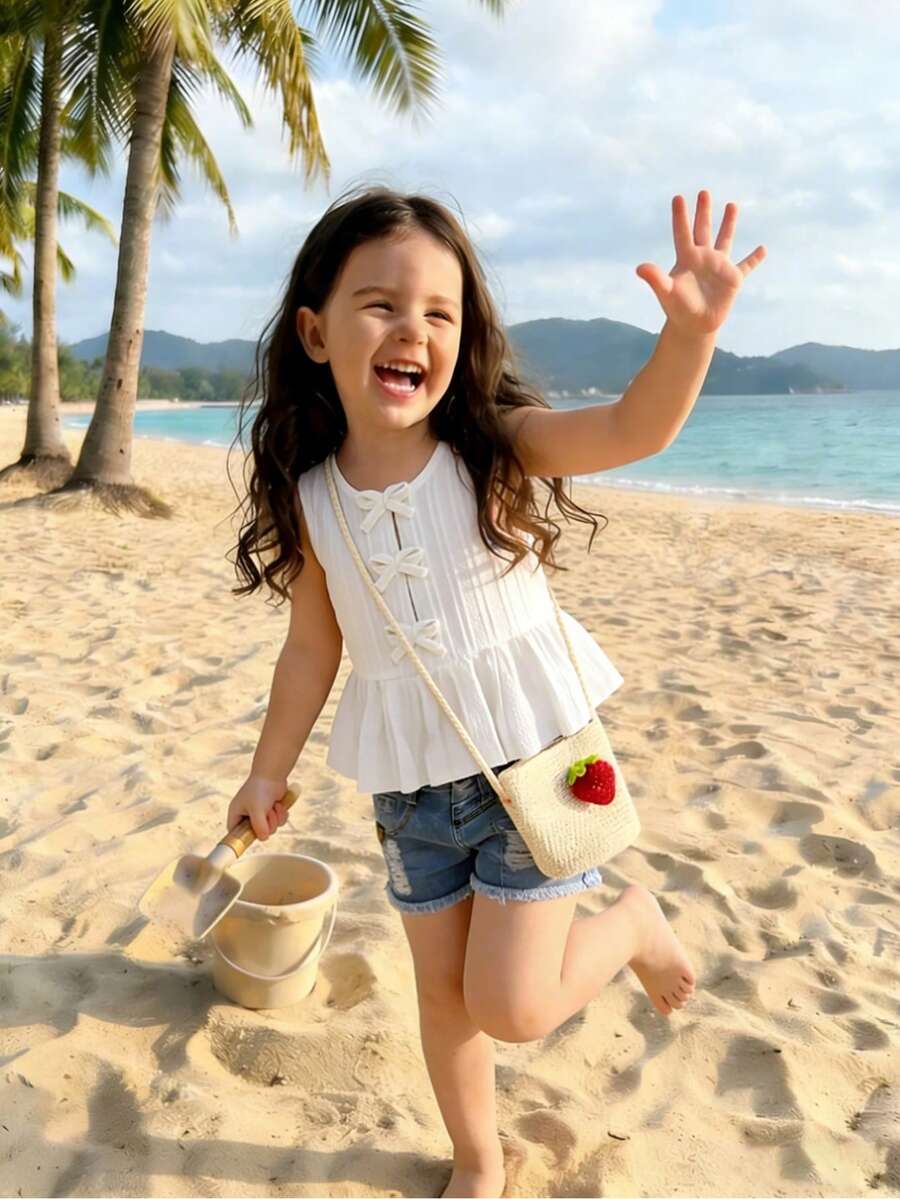Genkimix Kids Young Girl White Sleeveless Top,Fresh Cute Summer Beach Holiday Outings,Lightweight Striped Fabric,3D Bow Decoration,Wide Ruffled Hem Casual Wear - White - View 1