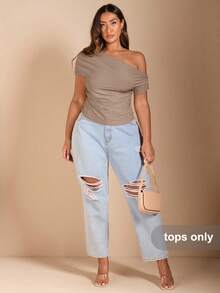 SHEIN BAE Plus Size Women's Off Shoulder Short Sleeve Black T-Shirt - Camel - View 1