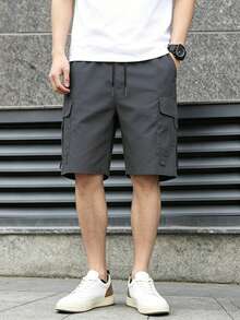 Manfinity Homme Celana Pendek Kargo Pria Musim Panas Kasual Gaya Jalanan dengan Saku Kancing Jepret - Dark Grey - View 3