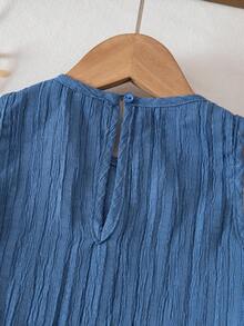 2pcs Young Girl Woven Solid Color Round Neck Casual Vest And Shorts Set - Blue - View 8