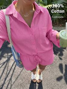 Muchica 女士夏季新款休闲度假纯色梭织衬衫短裤套装家居服套装 棉质女装 棉质套装 亚麻套装 亚麻套装 女士度假棉质服装 时尚棉质套装 女士夏季服装 复古套装 女士田园风服装 女士睡衣套装 棉质 - 玫紅色 - 查看 3