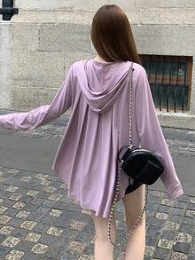 DAZY 女士不对称下摆休闲甜美文艺风宽松连帽轻薄外套，适合春、夏、秋季穿着，时尚度假沙滩户外休闲之选 - 粉色 - 查看 13