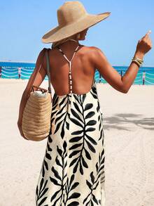 Swim Lushoire Women's Spring/Summer Beach Vacation Bikini Cover-Up, Leaf Print Spaghetti Strap Backless Beaded Dress Smock - Apricot - View 7