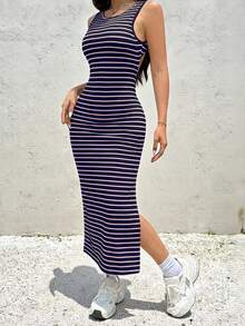 SHEIN EZwear 女士条纹露背侧开衩连衣裙 - 彩色 - 查看 3