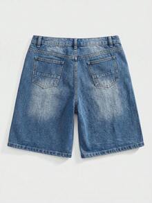 ROMWE MEN Pantalones cortos vaqueros casuales para hombres con bolsillos y decoración de diamante de imitación, estilo retro - Lavado ligero - Ver 2