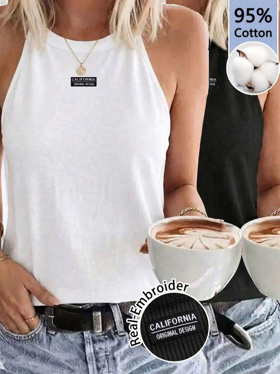 SHEIN LUNE Bộ 2 áo hai dây/áo tank top nữ 95% cotton, thoải mái, thích hợp mặc ngoài trời, thêu chữ tiếng Anh, phù hợp cho mùa xuân và mùa hè, áo trắng dễ thương, áo không tay đen hoặc trắng, áo hai dây trắng hoặc đen, áo trắng mùa hè. - Nhiều màu - Xem 1