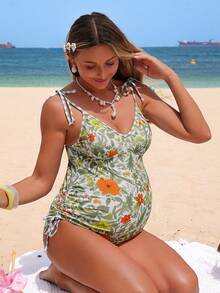 SHEIN Summer New White Boho Beach Holiday Graduation Women's Maternity One-Piece Swimsuit,Vintage Floral Paisley Print Bohemian Swimwear,Elegant Casual Y2K One-Piece Swimsuit - Multicolor - View 4
