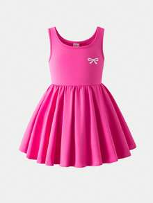 SHEIN Young Girl Solid Color Knit Bow Decor Sleeveless Jumpsuit - Pink - View 2