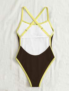 Swim SPRTY Women's Backless Criss-Cross Strap Contrast Trim Teal And Brown One Piece Swimsuit,Summer Modest Beach Holiday Surf Color Block Beachwear - Multicolor - View 6