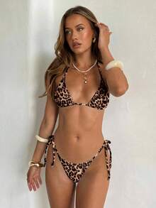 Aloruh Bộ đồ bơi nữ mới về, áo bikini hai mảnh họa tiết da báo gợi cảm với dây đeo mảnh và cúp ngực tam giác, quần bikini buộc dây bên hông, 4 món đồ bơi nữ, đồ đi biển, trang phục đi nghỉ mát. - Nhiều màu - Xem 3