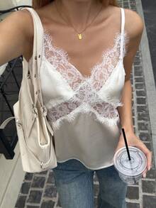 DAZY Áo camisole ren phối nhiều mảnh gợi cảm đa năng dành cho nữ, thích hợp cho buổi hẹn hò tối. - trắng - Xem 3