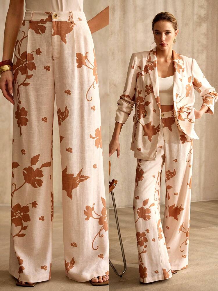 WOMEN'S LONG LINEN BLEND PRINTED SUIT PANTS