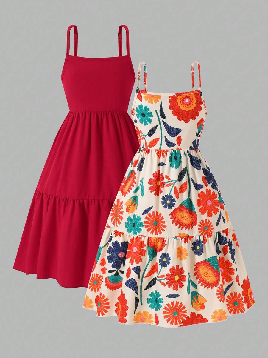 Girls Casual Floral Print Camisole Dress And Solid Red Dress Set, Suitable For Outdoor Vacation - Red - View 1