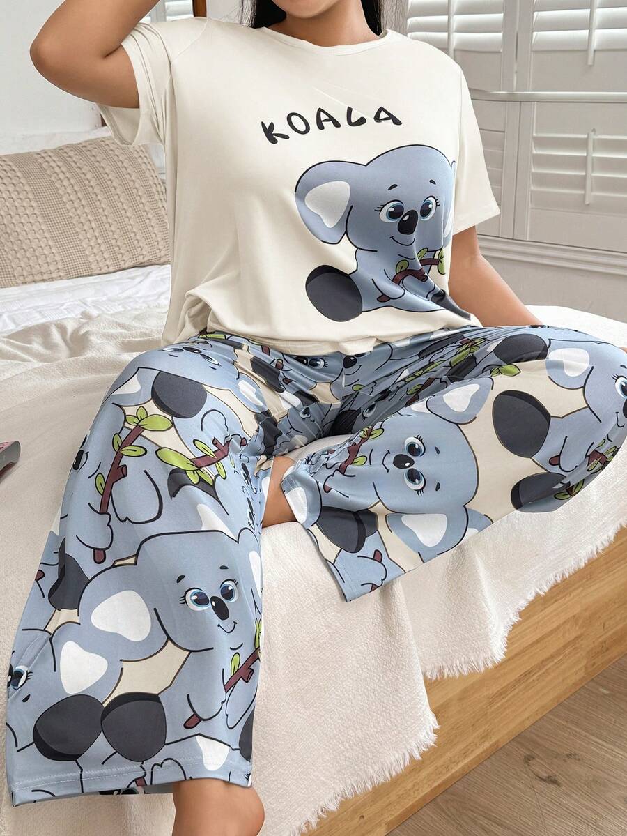 SHEIN Plus Size Gray Milk Silk Knit Koala Print Short Sleeve Pajama Set - Apricot - View 1