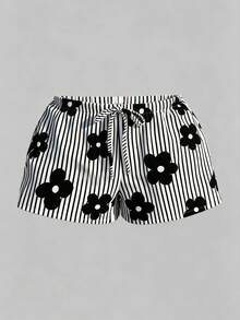 Veykashi Quần short nữ cỡ lớn, cạp chun, họa tiết sọc và hoa, kiểu dáng thường ngày, đa năng, phù hợp cho mùa hè. - Nhiều màu - Xem 3