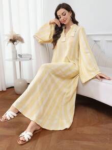 Al Najma Áo Abaya truyền thống Ả Rập tay dài dáng rộng, thiết kế sọc tua rua dành cho nữ - Màu vàng - Xem 5