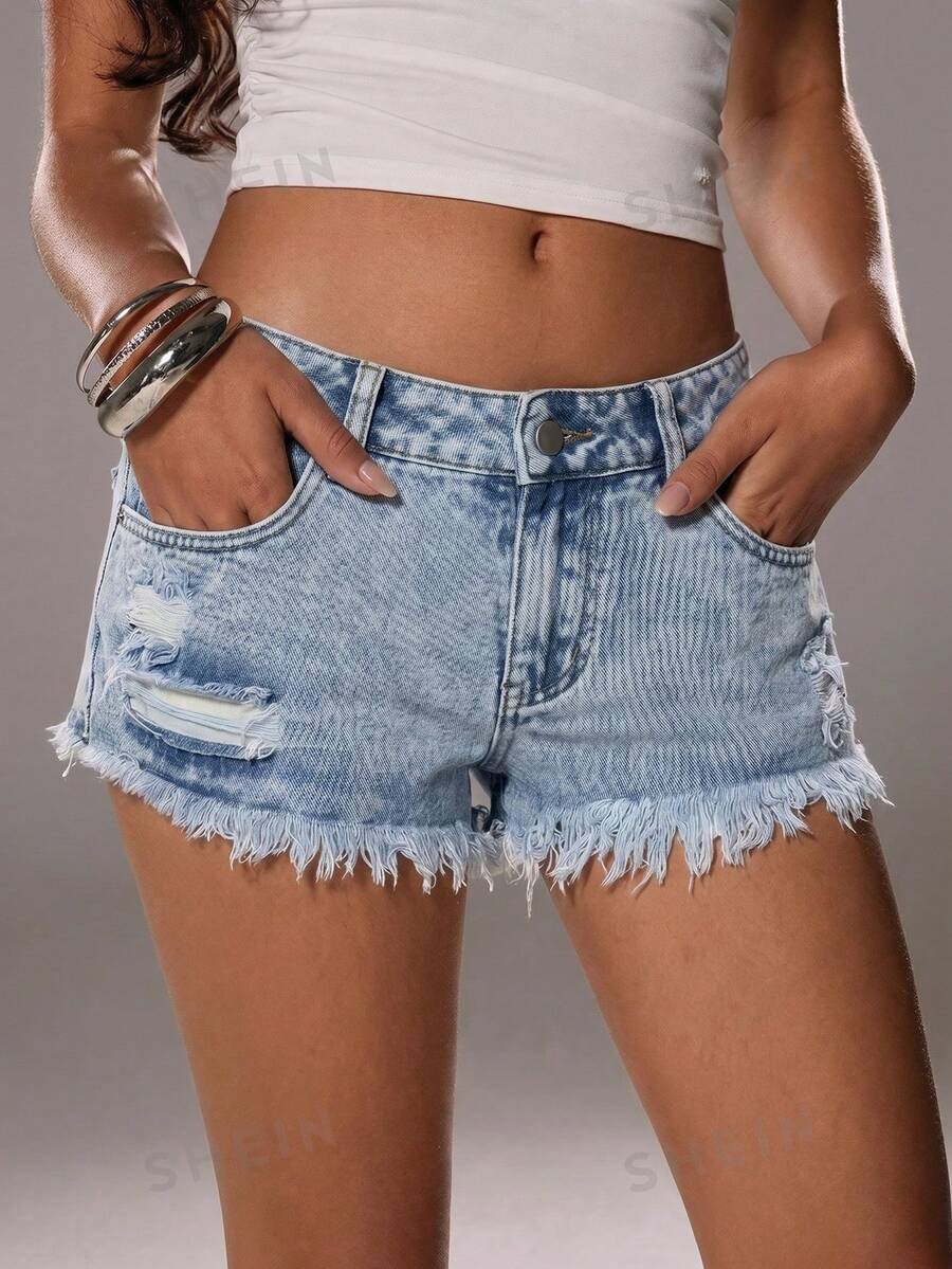 SHEIN TRNDY Fashionable Casual Street Style Distressed Low-Waist Denim Shorts - Light Wash - View 1