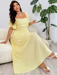 Solflare Romantic Ruffle Sleeve Dress With Pleated Bust Decor, A-Line Silhouette, Flowy Hem, Yellow, Suitable For Vacation, Plus Size - Yellow - View 6