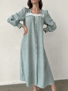 Yasmyna 女士春夏紫红色编织花卉印花白色蕾丝系带长袖优雅浪漫阿拉伯风格连衣裙 - 綠色 - 查看 4