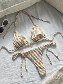 Swim Mod Women's Jacquard Fabric Halter Neck Metal Decor Sexy Bikini Set, Summer Elegant - Multicolor - View 2