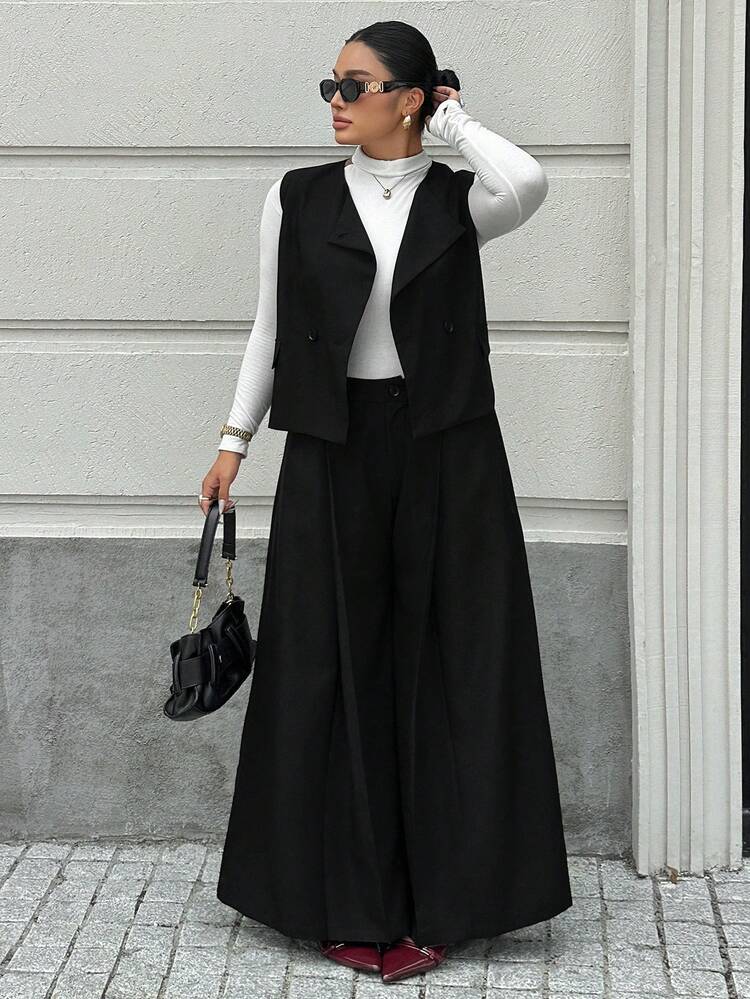 Dazy Plus Plus Size Women Casual Suit Set, Sleeveless Top And Wide Leg Pleated Pants, Versatile For Spring, Summer And Autumn