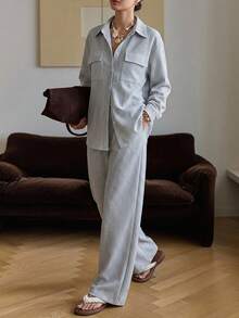 Dazy-Less Women's Striped Lapel Single-Breasted Long Sleeve Top And Wide Leg Pants Casual Daily Set - Blue - View 3