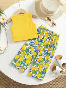 SHEIN 2件套女婴夏季可爱度假针织绿色碎花背心和裤子套装 - 彩色 - 查看 2