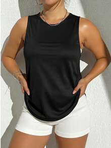 Easithlete Plus Size Women's Solid Color Round Neck Summer Fashion Sleeveless Tank Top - Black - View 2