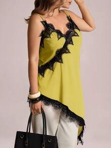 Elegantrix Plus Size Women Urban Casual Lace Asymmetric Hem V-Neck Patchwork Solid Color Camisole - Yellow - View 4