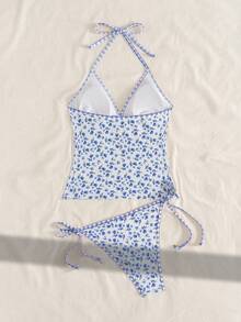 Swim Mod Bộ đồ hai mảnh họa tiết hoa nhí dành cho nữ, thích hợp cho kỳ nghỉ hè, đi biển, bao gồm áo hai dây, áo bikini có dây đeo cổ và quần bơi buộc dây kẻ sọc. - Màu xanh lam - Xem 2