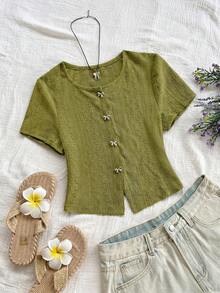 Soleia Women's Fashion Casual Mesh Embroidered Bow Button New Short Sleeve Top,Summer Top - Green - View 4