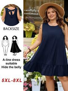 SHEIN CURVE+ Curve 尺码 US22 音乐节、海滨度假、波西米亚风女士露背圆领纯色荷叶边下摆无袖复古夏季休闲连衣裙，黑色 - 藏蓝色 - 查看 7
