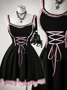 Sunspun Plus Size Spaghetti Strap Floral Trim A-Line Dress - Black - View 1