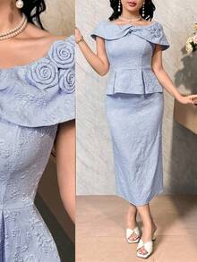 Modelyn Bộ đồ 2 món thanh lịch dành cho nữ: Áo và chân váy midi họa tiết hoa jacquard đính ren, xếp ly. - Màu xanh lam - Xem 3