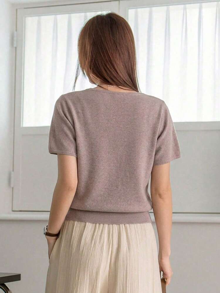 Women's Solid Color Scoop Neck Short Sleeve Casual Loose Knit Top