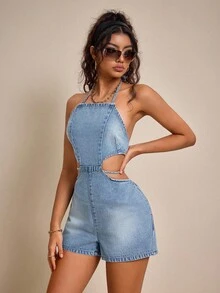 SHEIN EZwear Combinaison en jean sexy et polyvalente pour femmes avec décolleté ras-du-cou et liens - Jean clair - Voir 3