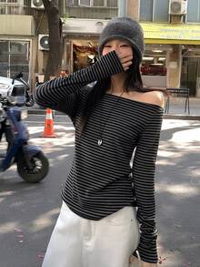DAZY Áo thun dài tay kẻ sọc dáng rộng dành cho nữ, thiết kế độc đáo, thích hợp cho mùa xuân/thu. - màu đen - Xem 4
