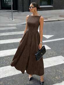 Siren Gaze Women's Striped Round Neck Sleeveless Dress - Coffee Brown - View 7