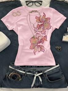 INAWLY Camiseta corta de cuello redondo de manga corta ajustada de talla grande - Rosa Pálido - Ver 1