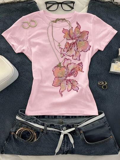 Glimmora Plus Size Fitted Crew Neck Short Sleeve Cropped T-Shirt