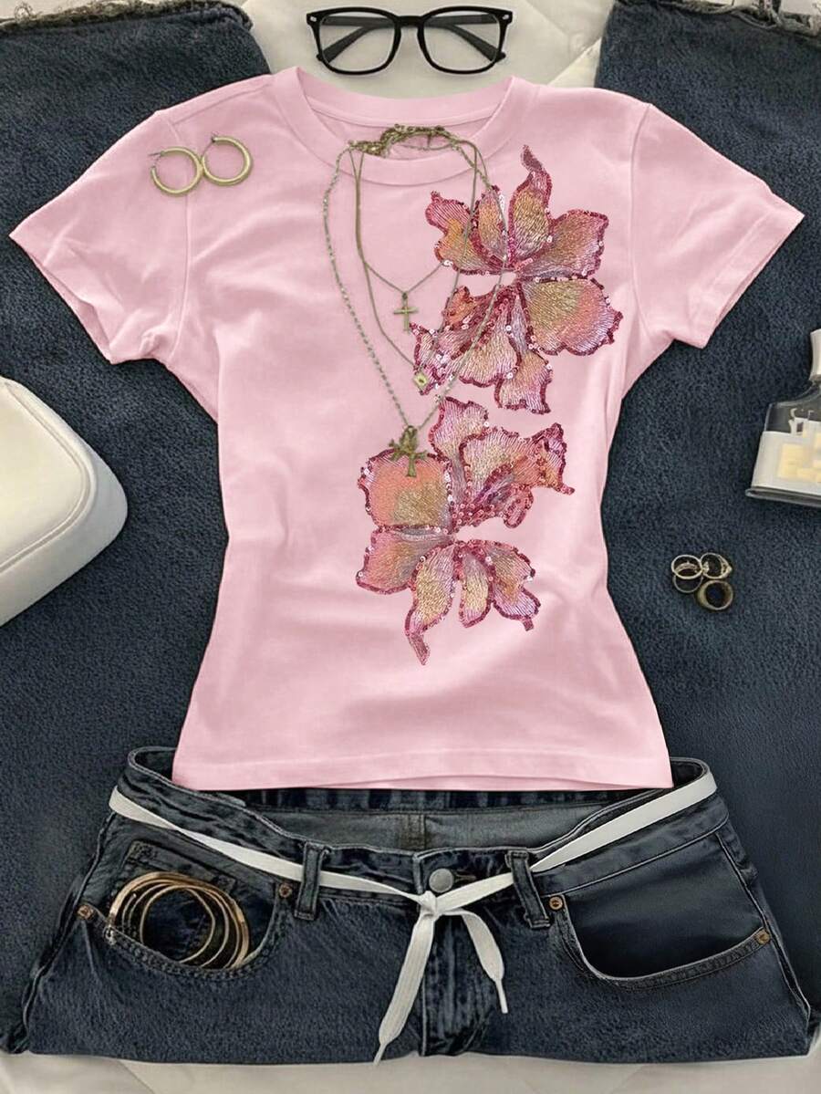 INAWLY Camiseta corta de cuello redondo de manga corta ajustada de talla grande - Rosa Pálido - Ver 1