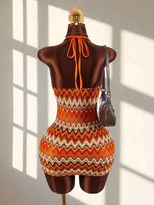Women's Minimalist Print Halter Tie Neck Mini Dress - Orange - View 7