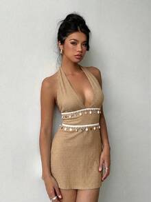 Aloruh Women's Summer Bohemian Style Woven Strap Decor Shell Tassel Mini Dress, Sexy Backless Halter Neck A-Line Mini Dress, Solid Apricot Color Dress, Suitable For Music Festival, Beach Vacation, Daily Dates, Romantic Dates, Sexy Resort Bohemian Backless Shell Trim Apricot Color Dress,Summer Dresses For Women - Camel - View 5