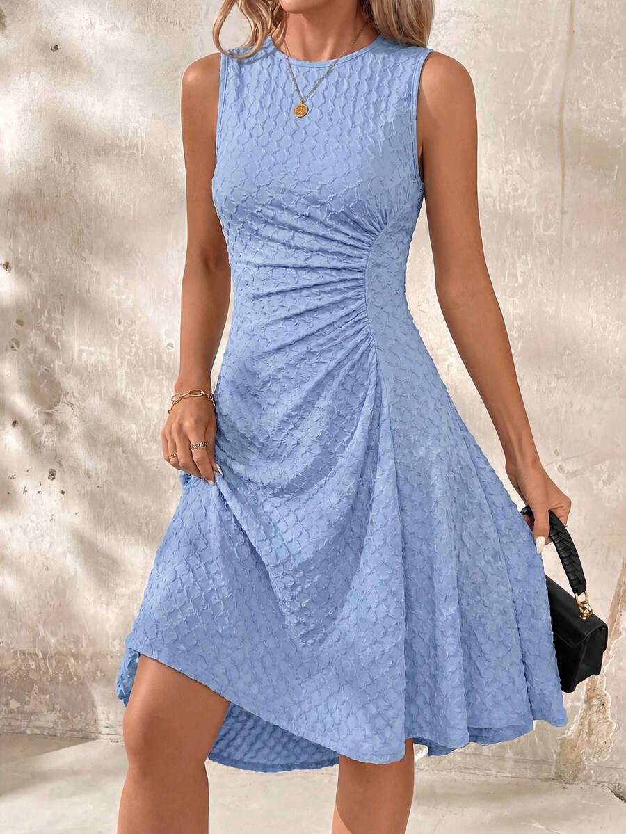 SHEIN Clasi 女款淺藍色優雅夏季早午餐中長洋裝,無袖扭腰傘擺A字百褶休閒茶會度假裹身裙,適合日常穿著 - 綠色 - 查看 1